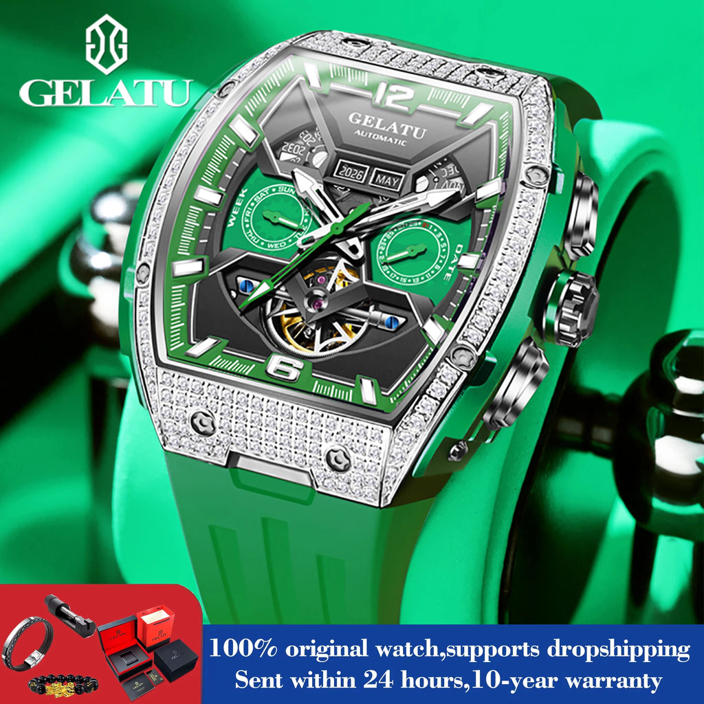 GELATU Hollow Automatic Mechanical Watch Waterproof Luminous Big Dial Date Watch for Men - Original Fashion Luxury Man Hand Clock