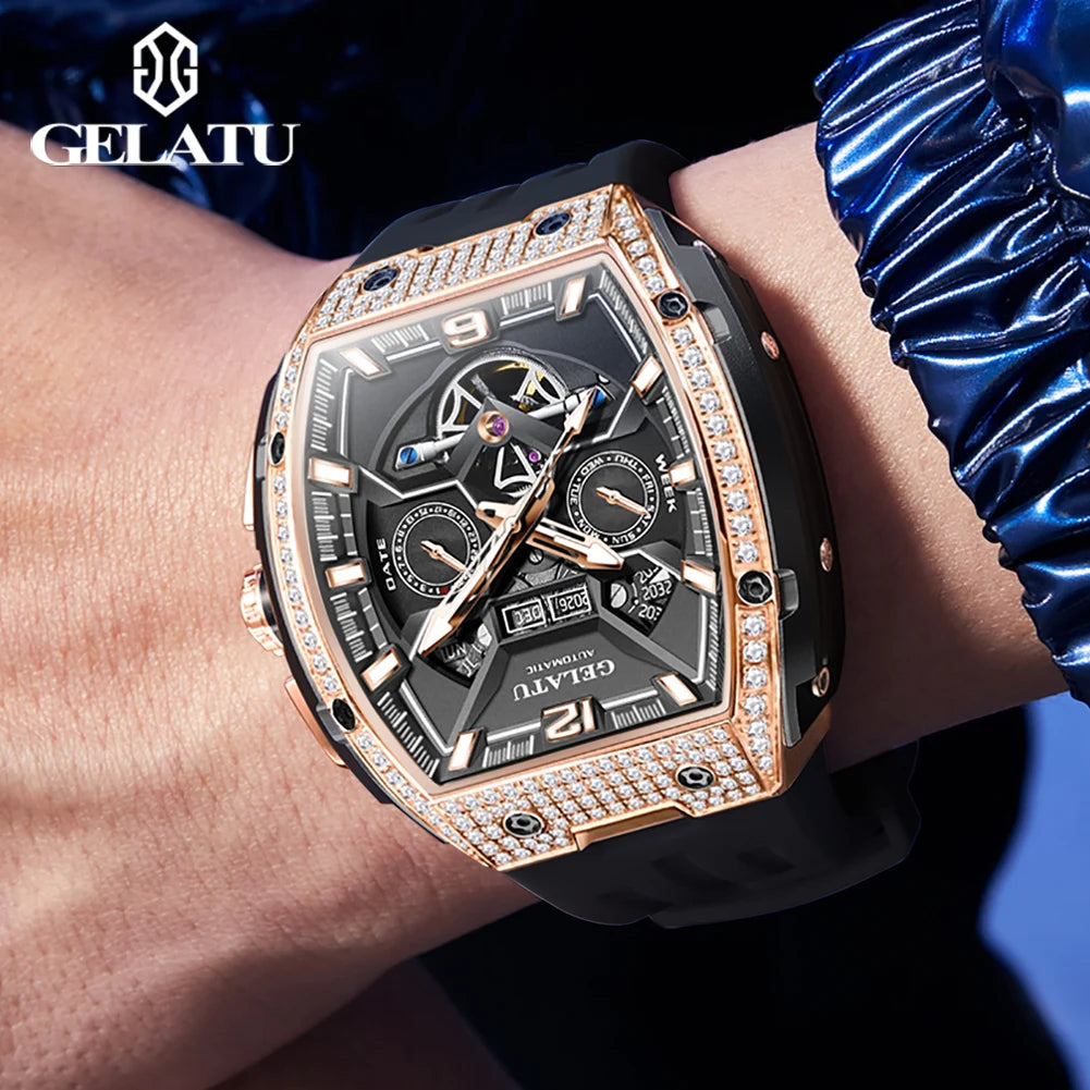 GELATU Hollow Automatic Mechanical Watch Waterproof Luminous Big Dial Date Watch for Men - Original Fashion Luxury Man Hand Clock